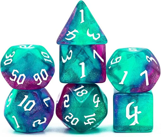 7-Die DND Dice Set Polyhedral Dice Set with a Leather Bag, D&D Dice Set for Dungeons and Dragons, RPG, MTG Table Games (Rose Blue w/Glitter)