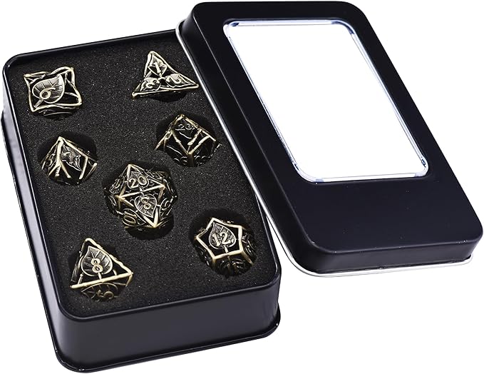 AUSTOR Metal DND Dice Set 7 Pieces Leaf DND Dice Hollow Polyhedral Dice D20 D12 D10 D% D8 D6 D4 Metal Dice with Metal Box for Dungeons & Dragons RPG Board Games (Antique Bronze)