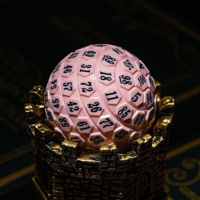 100 Sided Polyhedral Dice, Single D100 Game Dice, 100 Sided Cube with Black Pouch, D100 die 48 mm (Pink with Black Number)