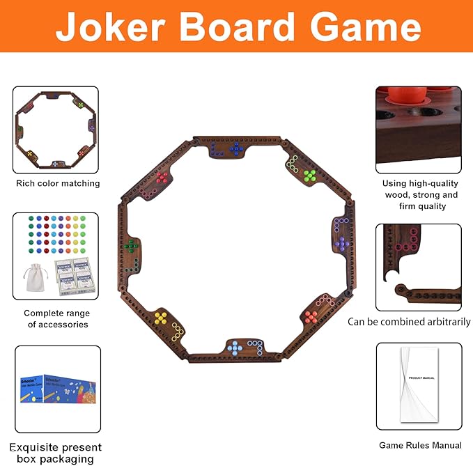 Marbles and Jokers Board Game Pegs and Jokers Real Solid Wood (Pine) Game Board Wooden for 2-8 Players 8 Game Boards 8 Colors 40 Marbles 4 Boxes Card(Vintage Flame)
