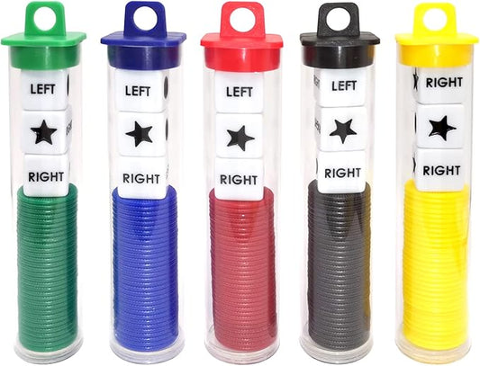 Left Right Center Dice Game Prime Set Bundle with 3 Dices + 30 Chips. Round Tube Storage is Very Convenient for Travel. Easy to Store, Carry Around. (5 Pack)