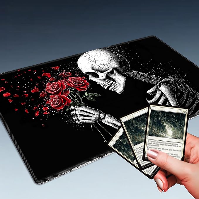 MTG Playmat Size 23.6x13.8in with Storage Bags Portable Playmat TCG and Board Game Mat for Cards Rubber Base Slip-Resistant Mousepad Desk Mat (Skeleton Rose,No with Zone)