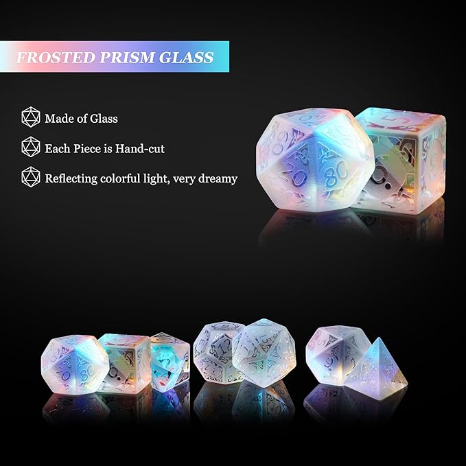 UDIXI Prism Glass DND Dice Set, 7PCS Frosted Glass Dice Rainbow Glass D and D Dice for Dungeons and Dragons Table Games D&D (Sandblasted Prism Glass)