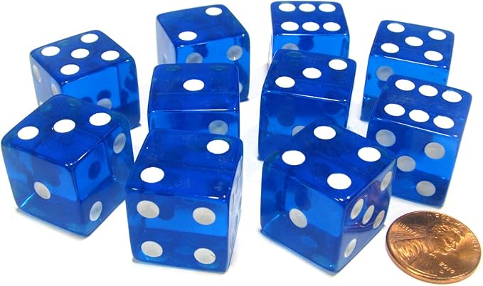 Set of 10 D6 Square Edged 19mm Dice - Transparent Blue with White Pips by Koplow Games