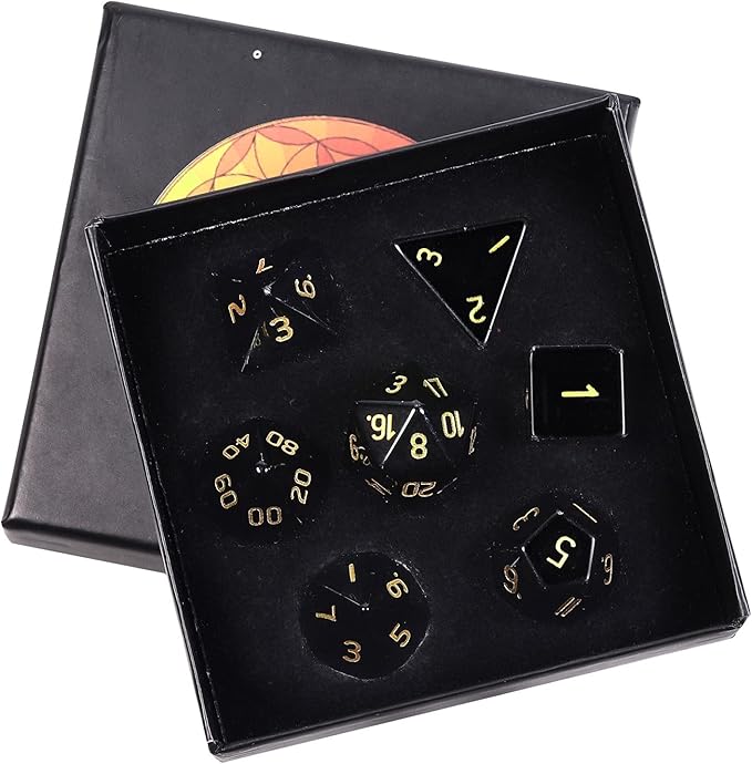 TUMBEELLUWA Engraved Crystal Stone Polyhedral Dice Set for RPG MTG Dungeons and Dragons Table Game 7 Pieces DND Board Game Dices with Pouch, Black Obsidian