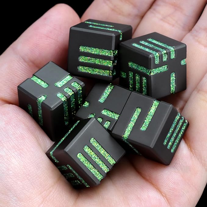 D6 Dice Set of 6 Pcs 16mm, Cool Fancy 6 Sided Dice Great Metal D6 for DND RPG Dungeons and Dragons (D6 Matte Black & Glitter Green)