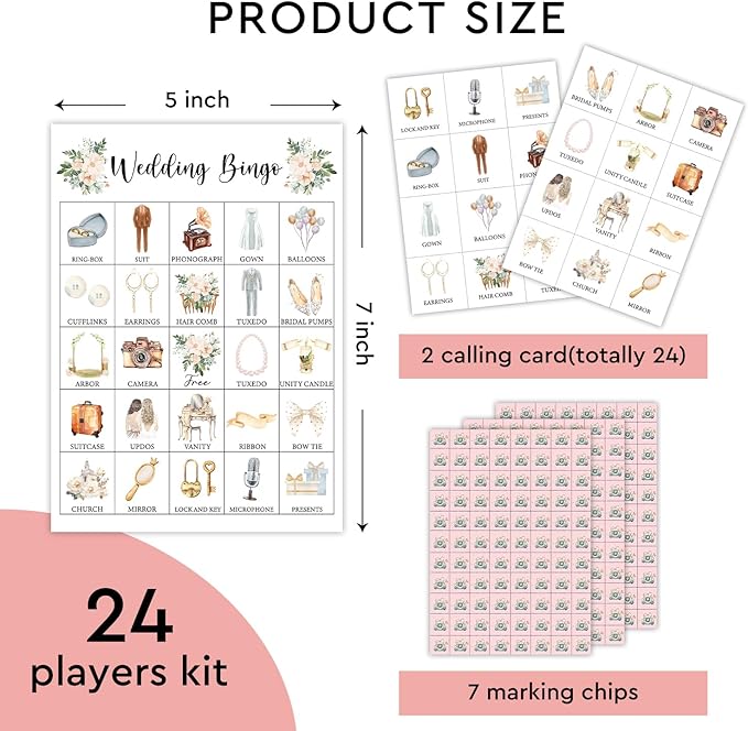 Wedding Party Bingo Card Set - 24 Players, Engagement Party Activities for Family Friends, Bridal Shower Bingo Game Party Favor Supplies, for Adult Teen -08