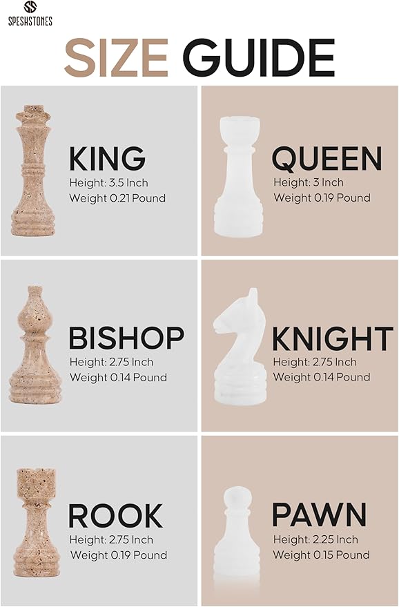 Marble Chess Set 15'' Inches Travertine and White Chess Board Games for Adults, Chess Pieces and Checkers Family Games, Travel Chess Set with 2 Extra Queens and Storage Box
