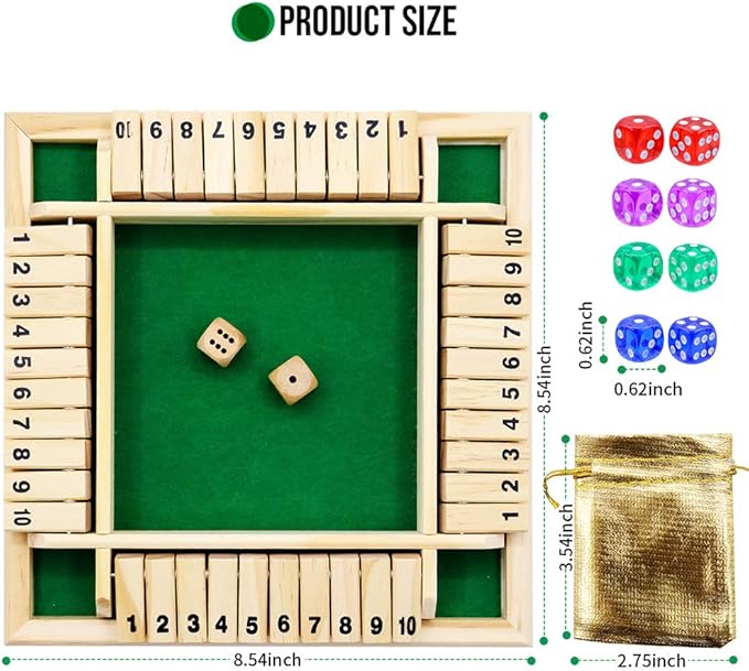 Dice Game Shut The Box Game Wooden Board Game with 10 Dices,a Classic 4 Sided Family Math Game for 2-4 Players Dice Board Game Shut-The-Box(Kids or Adults)