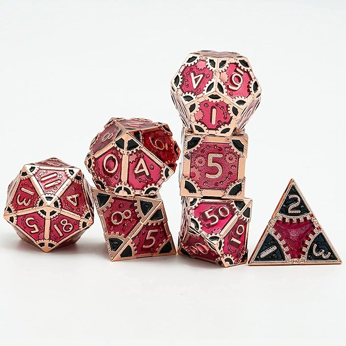 UDIXI Metal DND Dice Set, 7-Die Polyhedral D&D Dice Set for Dungeons and Dragons Role Playing Game, d and d (Red Copper-Red Black)