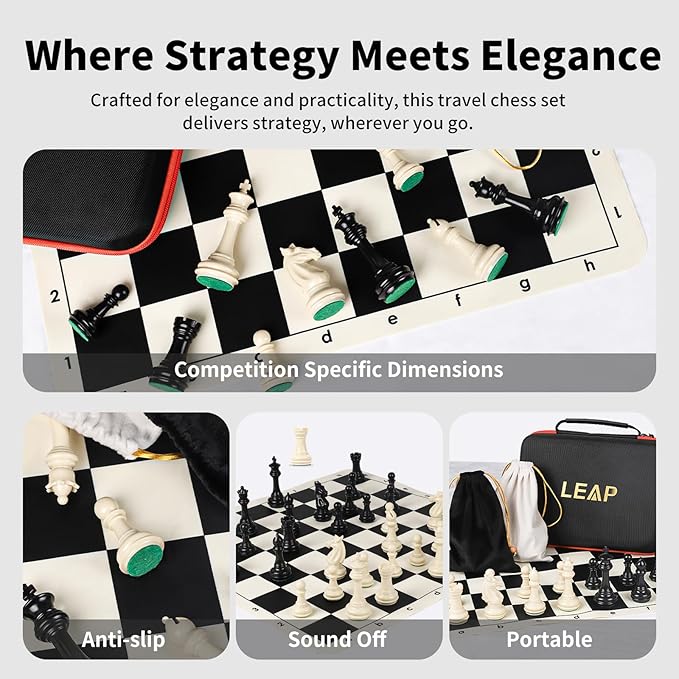 Tournament Chess Set/ 20''x20'' Foldable Silicone Chess Board / 3.75'' King Height Plastic Quadruple Weighted Classic Staunton Pieces/Storage Bag for Beginner Adult