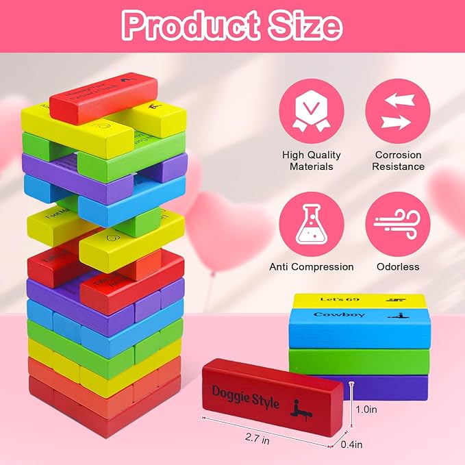 48Pcs Super Naughty Block Tower Game, Lust Tower, Date Night Ideas, Valentine Tumbling Tower Stacking Blocks Game, Couples Games, Valentines Day Gifts for Him, Funny Challenges
