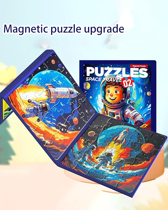 Magnetic Puzzles for Kids Ages 3-5, 3 in 1 Jigsaw Puzzle Book, Animal Car Activities Travel Puzzles for Toddlers Boys and Girls, Learning Magnet Toy for Road Trip(Rocket)