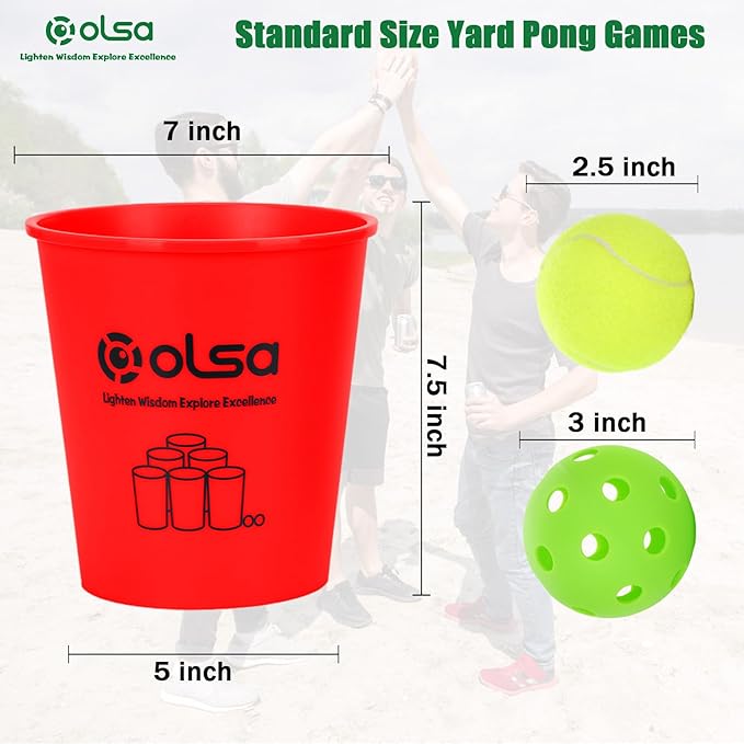 Olsa Giant Pong Yard Games, Yard Pong Outdoor Games for Adults and Family, Toss Backyard Lawn Games with 12 Buckets, Balls, Strength Carrying Bag for Beach Camping Backyard Party(Red)
