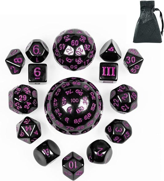 15 Pieces Complete Polyhedral DND Dice Set D3-D100 Spherical D&D Dice Set with Dragon Eye Dice Bag, D100 Dice for Dungeons and Dragons, RPG, MTG Table Games(Black w/Purple Numbers)
