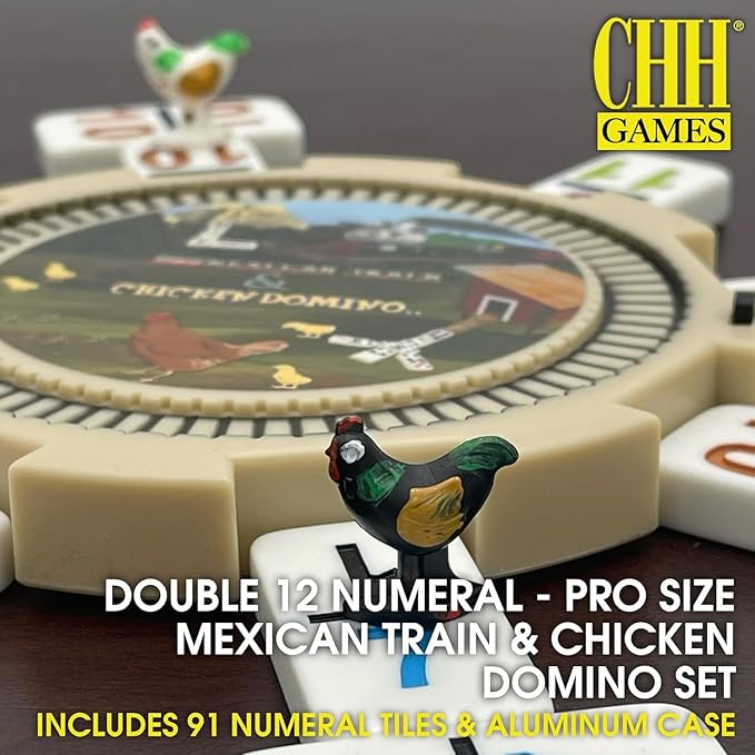 CHH Mexican Train & Chicken Domino Set – Professional Set of 91 Double 12 Dominoes Aluminum Case – Interactive Hub with Sounds