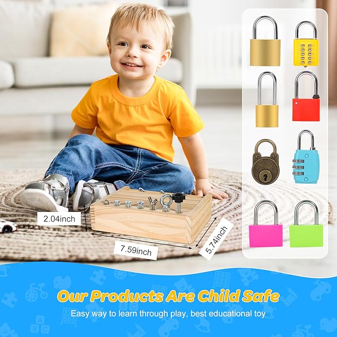 Montessori Toys for 3 4 5 Year Old,Montessori Screwdriver Board Set-Lock and Key Toy,Kids Tool Set,Preschool Learning Sensory - Fine Motor Skills - STEM Toys(8 Locks and Keys)