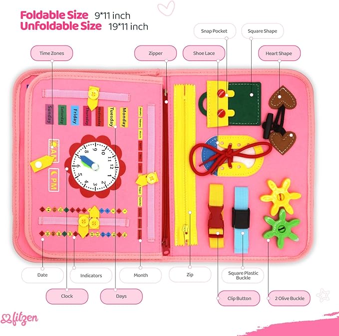 Busy Books for Toddlers 1-3 Year Old - Baby Activity Board for Toddlers 1-3 Travel Toys for Airplane, Car Gift for Boys Girls, Educational Montessori Board to Develop Fine Dress Motor Skills
