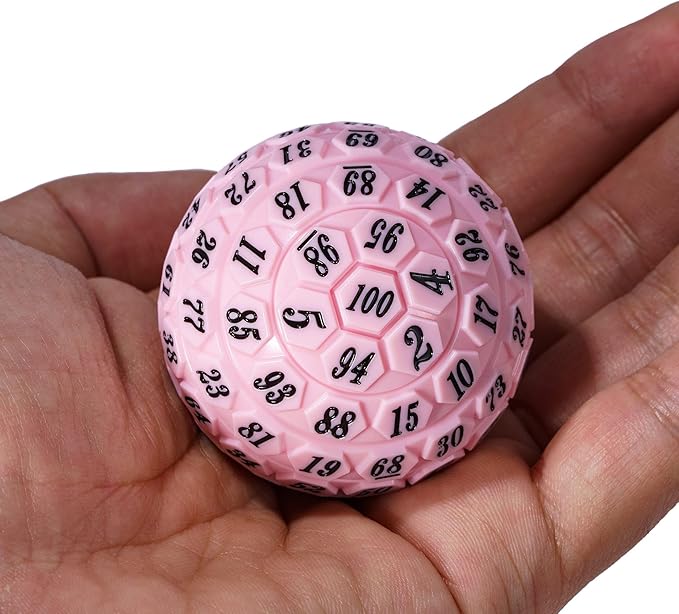 100 Sided Polyhedral Dice, Single D100 Game Dice, 100 Sided Cube with Black Pouch, D100 die 48 mm (Pink with Black Number)