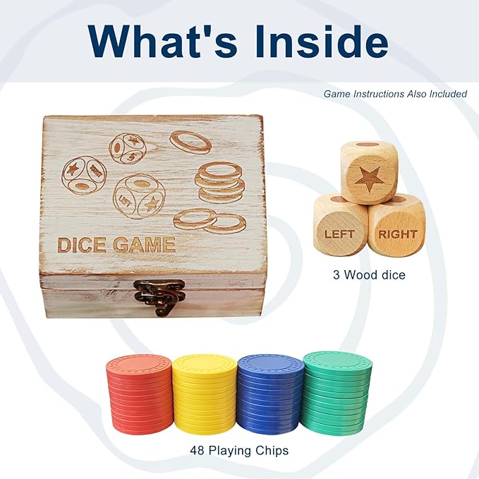 Left Right Center Dice Game Set, 3 1-inch Wood Dice and 48 Thicker Chips in Wooden Storage Box, Portable Travel Dice Games for Family & Friends, White