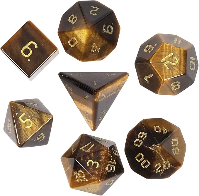TUMBEELLUWA Engraved Crystal Stone Polyhedral Dice Set for RPG MTG Dungeons and Dragons Table Game 7 Pieces DND Board Game Dices with Pouch, Tiger’s Eye