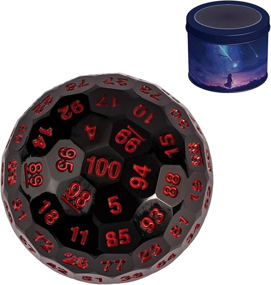 Upgraded 100 Sided Polyhedral Dice (D100), 50mm, Black/Red Font, Single Die, D&D Game Dice, Metal Storage Tin