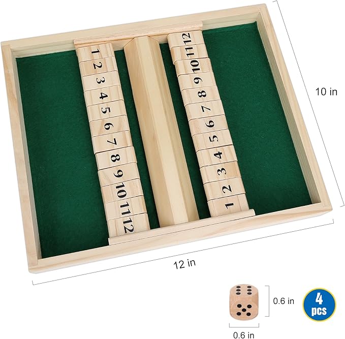 GOTHINK Wooden Shut The Box - Fun Table Math Game with Wooden Board for Adults & Kids - 12 Spots Dice Game with 4 Dices for 2+ Player Games, Popular Pub Board Game, Ideal for Game Night, Travel