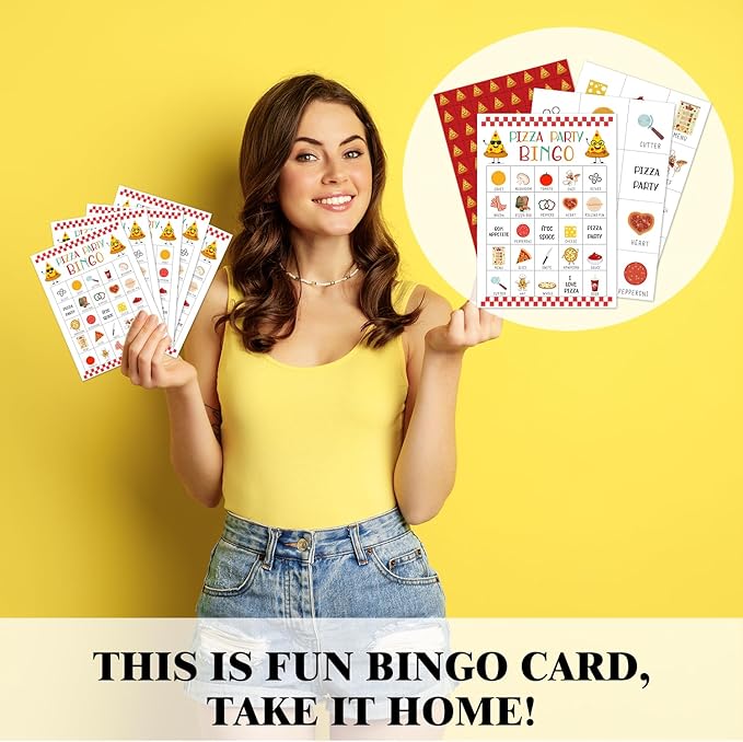 Pizza Party Bingo Game - 24 Player Bingo Cards for Women, Men, Family & Friends - Holiday Party Activities & Supplies - JK0102