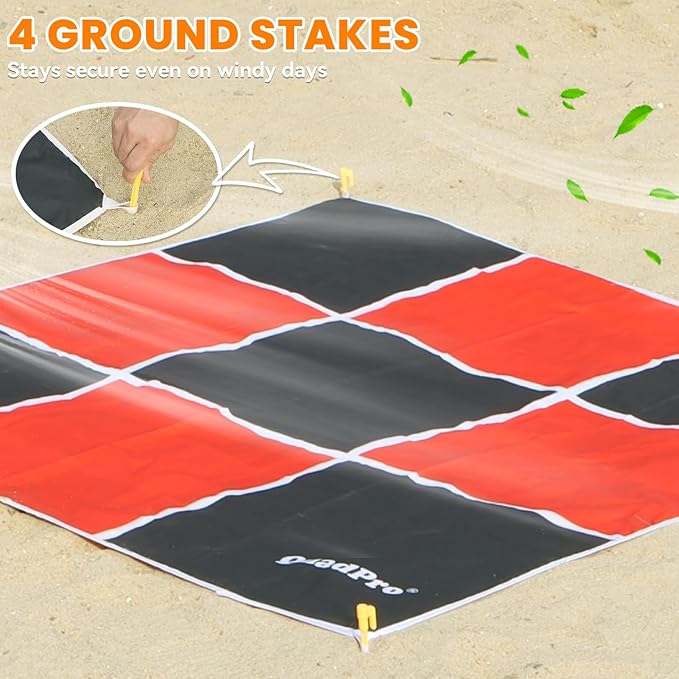 2-in-1 Giant Checkers Board Game & Tic Tac Toe Game Set, Jumbo Outdoor Lawn Games with 4.6x4.6ft Machine-Washable Mat & 4 Ground Stakes - Perfect Backyard Games for Kids & Adults