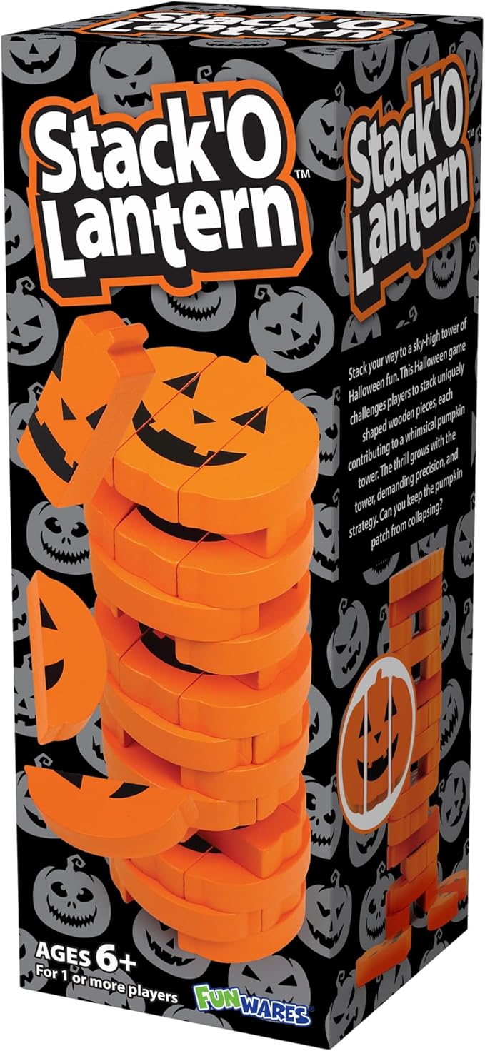 Funwares Wooden Blocks Stacking Game, Tumbling Tower and Balance Game, Family & Party Fun, Game for Kids and Adults, Ages 6+, Stack 'O Lantern, The Fall Pumpkin-Themed Wood Blocks Stacking Game