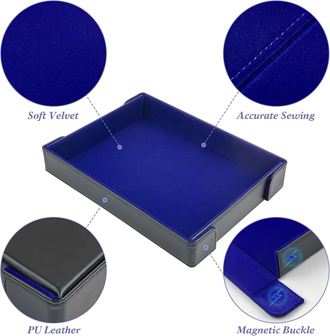 PU Leather Dice Tray Magnetic Folding Dice Rolling Mat with Blue Felt Lining for Dice Games Portable Tabletop Board Games Tray