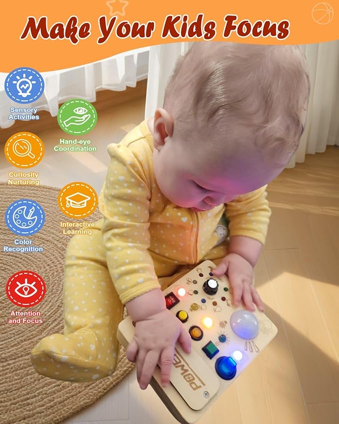 Busy Board Montessori Toy for Toddler, Wooden Sensory Activity Board with LED Light UP Switch, Baby Fidget Board Travel Toys for 18+ Months, 1 2 3 Year Old Boys Girls Toddler Toys Gifts