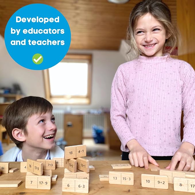 Math Domino Game for 1st & 2nd Grade | Wooden Algebra Dominoes Plus/Minus | Educational Learning Toy for Kids 6+ | Classroom, Homeschool & Teaching Supplies