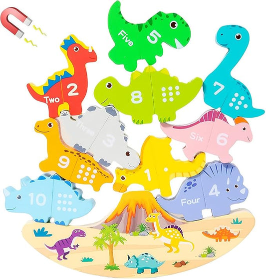 Montessori Dinosaur Stacking Toys - Magnetic Dinosaur Blocks, Matching & Sorting & Balance Board Game for Kids, Numbers 1-10 Learning Toys for 3 4 5 Year Old, Educational Gifts for Boys Girls Birthday