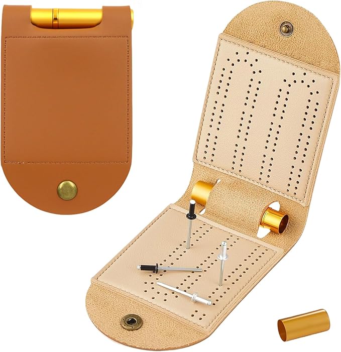 Travel Cribbage Board Game Set, Portable Cribbage Boards Unique 2 Track Cribbage Board, Foldable PU Mini Cribbage Board with 4 Cribbage Board Pegs, Folded:3.14x4.92in,After Unfolding L:10.31in (1Pcs)