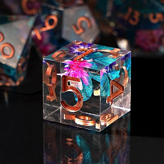 Resin DND Dice Set, Sharp Edge Flower Floral D&D 7-Die for Dungeons and Dragons, Resin Dice D and D, 7PCS Die for RPG Role Playing Games D&D Starter Kit