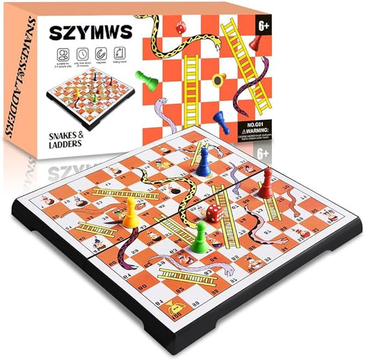 Magnetic Folding Snakes & Ladders Game Set 11.8 inch Portable Family Fun Board Game for All Ages-in Storage（Large Size 30x30cm ）