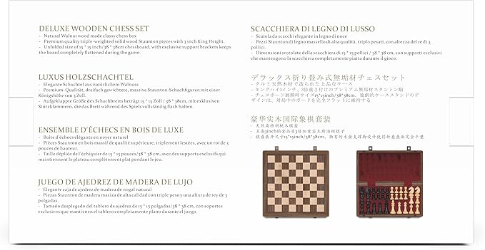 A&A Premium Natural Walnut Folding Chess Board Game Set, 15" Wooden Chess Board & 3" King Height Staunton Chess Pieces with 2 Extra Queens, Portable Travel Chess Set with Storage Bag for Adults & Kids