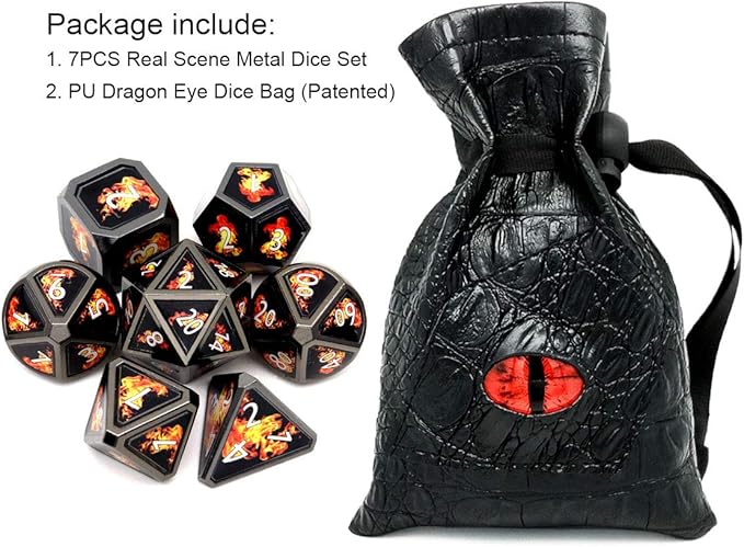 Haxtec Fire Bolt Real Scene Metal DND Dice Set Black Polyhedral Metal Dice for D&D Dungeons and Dragons Gifts TTRPG Games-Dark Fire