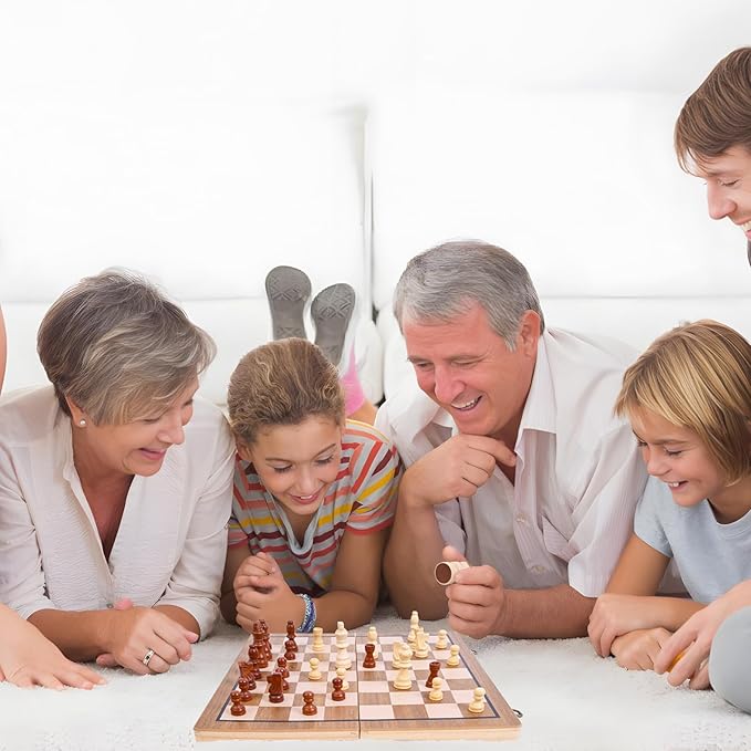 15 Inches Magnetic Wooden Chess Set - 2 Extra Queens - Folding Board - Pieces Storage Slots, 2in1 Chess & Checkers, Beginner Chess Game for Kids & Adults - Large&Portable Wooden Chess Board
