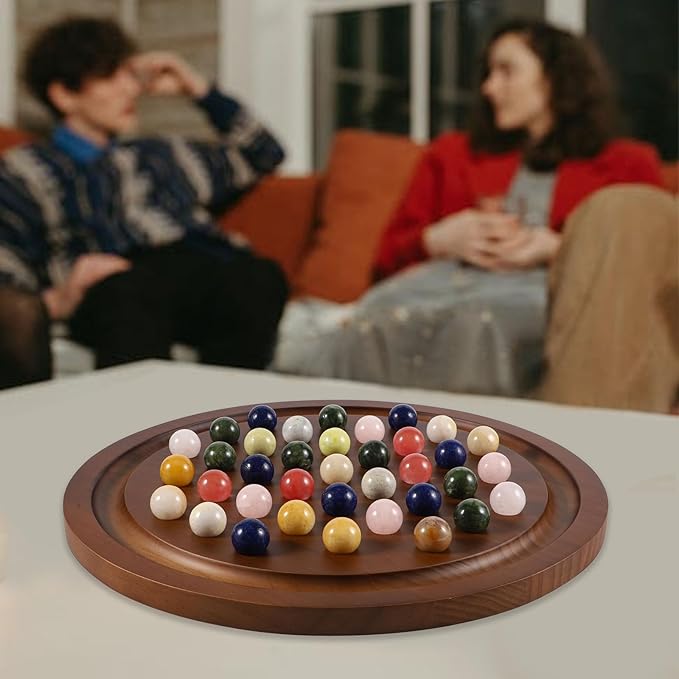 15.7 Inches Extra Large Solitaire Marble Game Set Wood with 36 Multicolors Natural Stone Marbles Pieces Adults Classic Deluxe Game for Night Party and Gatherings