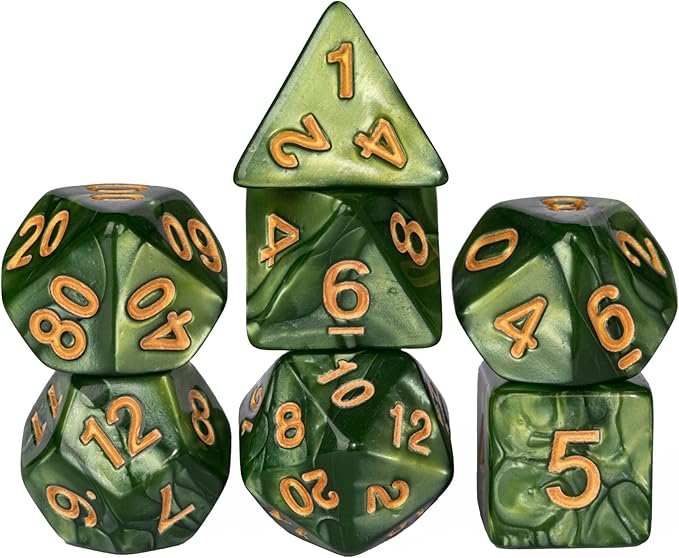 7-Die DND Dice Set Polyhedral Dice Set with a Leather Dice Bag, D&D Dice Set for Dungeons and Dragons, RPG, MTG Table Games (Green)