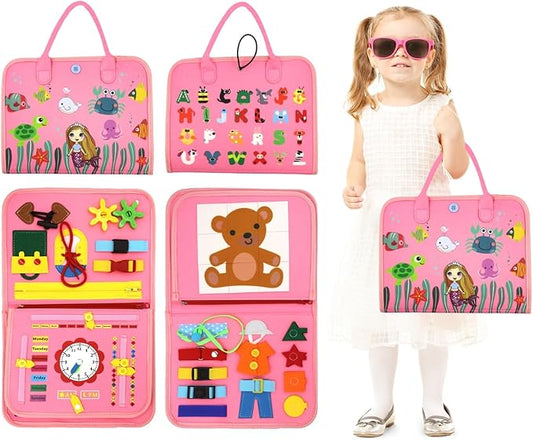 Busy Books for Toddlers 1-3 Year Old - Baby Activity Board for Toddlers 1-3 Travel Toys for Airplane, Car Gift for Boys Girls, Educational Montessori Board to Develop Fine Dress Motor Skills