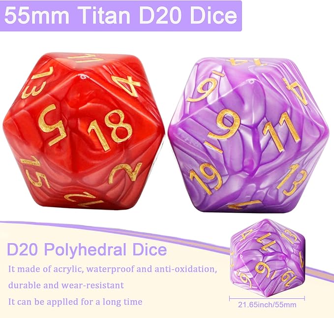55mm Giant D20 Dice,Large DND 20 Sided Dice Sets,Titan D20 D&D Dice,Jumbo 20 Sided Dice,for Dungeons and Dragons, RPG, MTG Table Games 2 pcs (Red and Purple)