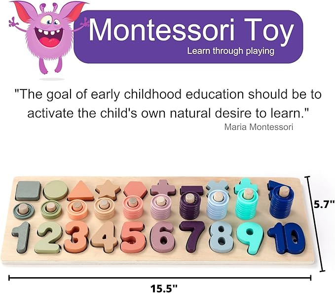 BEKILOLE Wooden Montessori Toys for Kids Toddler Number Puzzles Sorter Counting Shape Stacker Stacking Game Preschool Toys for Boy Girl Learning Education Math Blocks Boy & Girl Gifts and Beyond