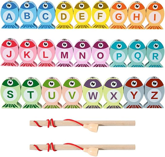 ONEST 28 Pieces Magnetic Fishing Game for Kids Wooden Magnet Fishing Game Wooden Magnetic Toys for Kindergarten Preschool Girl Boy