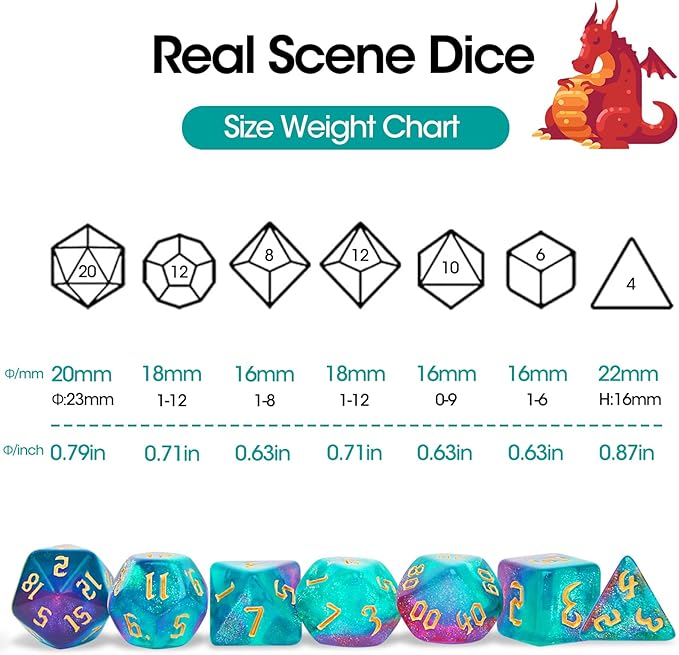 DND Polyhedral Dice Set with a Black Dice Bag for D&D RPG MTG Role Playing Table Games RPG Polyhedral Dice for Dungeon and Dragons Playing Games 7-Die Set (Green&Purple+Nebula Dice)