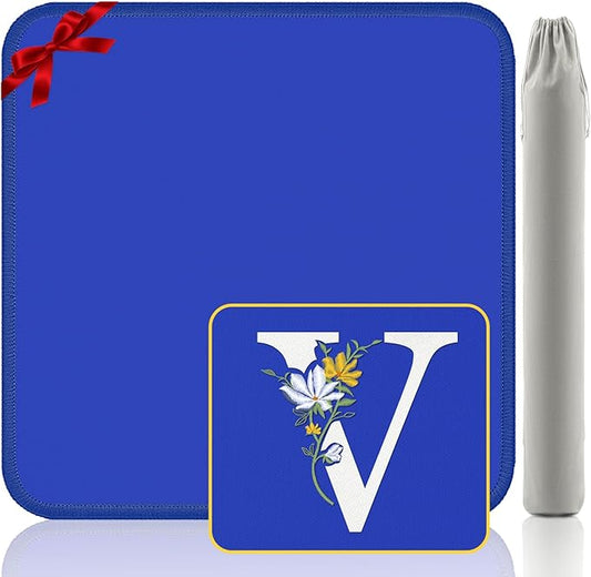 Mahjong Mat for Table | Neoprene Anti-Slip Noise Reduction | 32.4x32.4 Inch Blue | Perfect for American Mahjong, Poker, Card & Board Games | Great Gift Idea(Custom Letter V Edition)