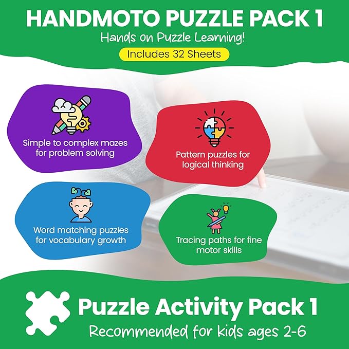 HandMoto Puzzle 1 Activity Pack – Toddler Work Book with Puzzles & Kids Work Books for Education, Fun Preschool Learning Activities for Children Ages 3-5, Kindergarten Workbooks & Activity Books