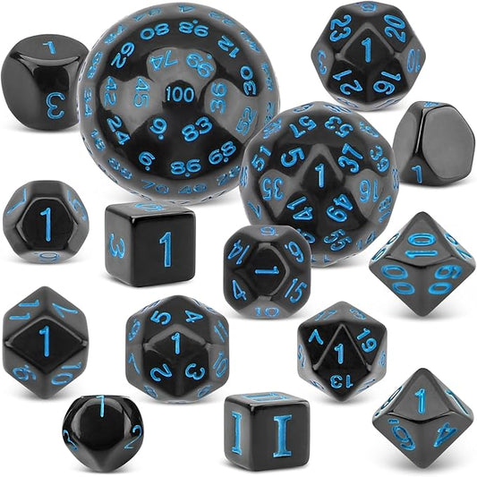 Coyeekn DND Dice 15 Pieces Polyhedral Dice D3-D100 with Dice Bag for Role Playing Table Games (Black & Blue)…